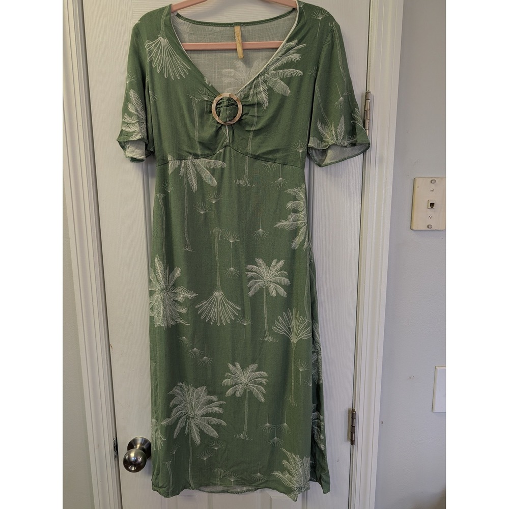 Lunender Green Palm‎ Tree Print Midi Dress Resortwear Ring Detail M Made Brazil